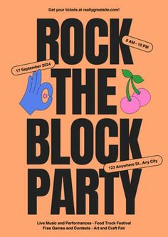 rock the block party poster with hand and cherry on orange backgroung background