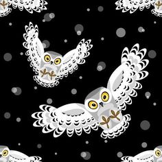 an owl flying through the air with snow on it's back and yellow eyes