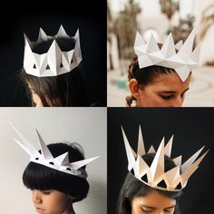 four different pictures of women wearing crowns made out of origami pieces and paper