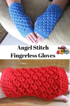 an image of two crocheted fingerless gloves with text that reads angel stitch fingerless gloves