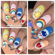 ehmkay nails: 80s Nail Art: Care Bears Nail Art 80s Nail Art, Bears Nail Art, Nails 80s, Professional Nail Designs, 80s Nails, Unicorn Nails Designs, Happy Nails, Black Nail Designs