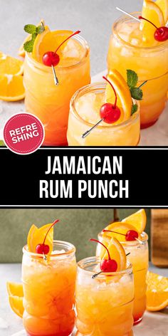 three glasses filled with orange rum punch and garnished with cherries