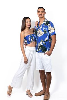 Blue Hawaiian Top For Beach Party, Hawaiian Blue Top For Beach Party, White Hawaiian Shirt With Floral Print, White Tropical Hawaiian Shirt With Hibiscus Print, Tropical White Hawaiian Shirt With Hibiscus Print, White Matching Set Tops For Beach, White Tropical Top For Vacation, White Hawaiian Tops For Summer, White Hawaiian Top For Summer