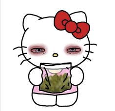 an image of a hello kitty holding a bag of food in her hands and smiling at the camera