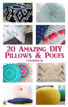 the cover of 20 amazing diy pillows and poufs, with pictures of different patterns