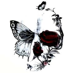 a drawing of a skull with roses and butterflies on it