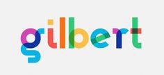 the word gilbert is made up of multicolored letters on a white background