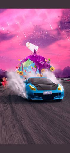 a blue sports car driving down a road under a pink sky with clouds and sunflowers