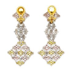 7.50 Carats Tricolor Diamond Drop Earrings in 18K White, Yellow & Rose Gold. Mounted with pave set natural pink, white, and yellow diamonds that correspond with each gold tone.   Details:  Item Type: Earrings Metal: 18K White Yellow Rose Gold Weight: 21.31 Grams  Stone Details: Yellow Diamond: 56pcs Round-Cut Pink Diamond: 126 Round-Cut White Diamond: 108 Round-Cut Carat:7.50 CTTW  These exquisite earrings are a stunning testament to luxury and craftsmanship. Set in 18K white, yellow, and rose gold, they weigh 21.31 grams and feature a mesmerizing blend of diamonds. With 56 round-cut yellow diamonds, 126 round-cut pink diamonds, and 108 round-cut white diamonds, totaling 7.50 carats, these earrings offer a vibrant and elegant touch to any outfit. Perfect for those who appreciate bold, soph Luxury Multicolor Diamond Earrings, White Diamond Multi-stone Earrings, Yellow Diamonds, Pink Diamonds, Nature Earrings, Earrings Metal, Moonstone Earrings, Diamond Drop Earrings, Diamond Drops