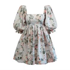 Floral Puff Sleeves Unlined Material: 100% Polyester Measurements: M: Bust 33", Dress Length 25" Xl: Bust 40", Length 26.5" Vintage Barbie Dress, Short Pollera, Fluffy Skirt, Puffy Dresses, Y2k Aesthetic Outfits, Square Neck Dress, Sweet Style, Sleeves (women), Mini Dress With Sleeves