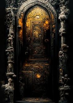 an ornate door in the middle of a dark room