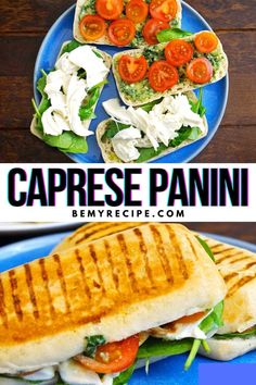 this is an image of a sandwich with cheese and lettuce on it that says caprese panini