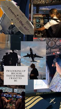 the collage has many different pictures and captions on it, including an airplane