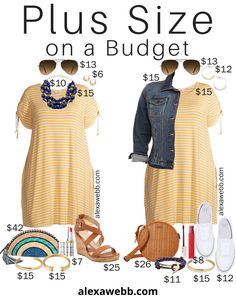 A plus size on a budget post featuring two yellow stripe dress outfits. One is a bit more "dressier" than the other. Both are perfect for summer! Plus Size On A Budget, Striped Dress Outfit, Yellow Striped Dress, Summer Outfits Black, Plus Size Summer Outfit, Looks Black