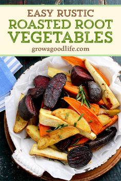 roasted root vegetables on a plate with text overlay