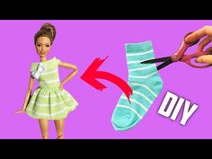 a barbie doll holding scissors next to a pair of socks with the word diy on it