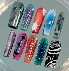 nails, nail designs, long nails, square nails, tapered square nails, acrylic, gel x, cyber nails, trippy nails, aura nails, airbrush nails, chrome nails, funky nails, retro nails, Crazy Nail Designs, Retro Nails, Punk Nails, Grunge Nails, Nail Sets