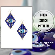 a pair of earrings with blue beads on it and the words, brick stitch pattern