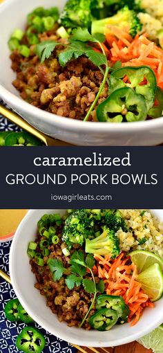 two white bowls filled with ground pork and veggies, topped with cilantro