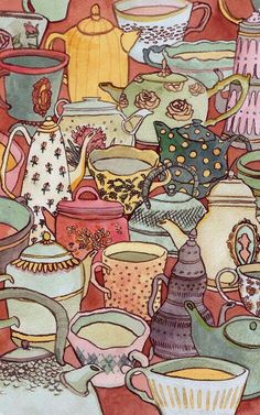 a painting of tea cups and saucers on a table