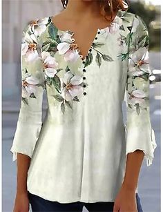 Women's Shirt Blouse Floral Print Casual Holiday Daily Basic 3/4 Length Sleeve Round Neck Green Fall & Winter 2024 - $23.99 Woman Shirts Blouse, Blouse Elegant, Buy Shirts, Pattern Shirt, Sleeves Clothing, Street Trends, Fall Shirt, Collars For Women, Elegant Shirt