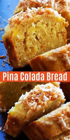 pine colada bread is cut into slices and placed on a blue plate with the words pine colada bread