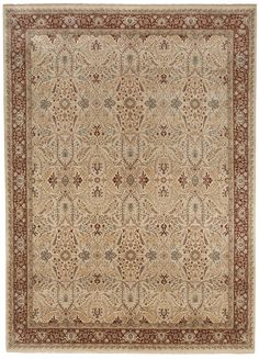 a beige and red rug with an intricate design