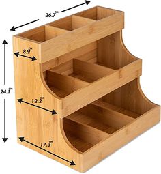 three tiered bamboo organizer with measurements for each drawer and the top section divided from one another