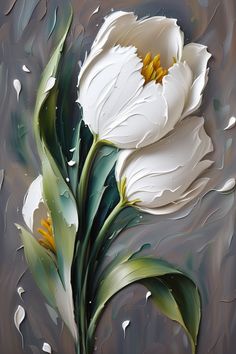 an oil painting of two white flowers on a gray background with water droplets around it