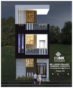 two people standing in front of a building with the words think studio on it's side