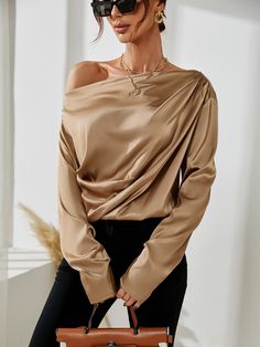 Champagne Elegant Collar Long Sleeve Satin Plain Top Embellished High Stretch  Women Tops, Blouses & Tee Satin Tops Blouses, Holiday Blouses, Colorful Blouses, Plain Tops, Satin Blouse, Satin Top, Fashion Studio, Ladies Tops Fashion