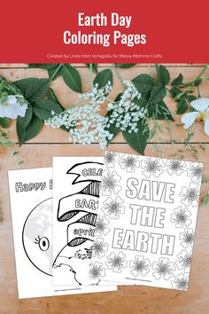 earth day coloring pages with flowers and plants on the table next to it, including an eagle