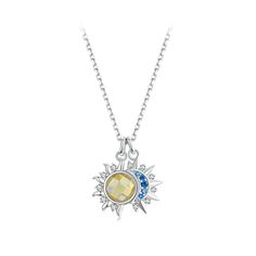 🌞🌙 Get ready to shine with our stunning Sun Moon Necklace! Crafted from 925 sterling silver and adorned with a Luminous stone, this necklace will make you stand out. With a plated White Gold finish, it's the perfect addition to any outfit. Plus, we'll include a free velvet cloth bag for you to keep your new jewelry safe. Order now and add a touch of celestial beauty to your collection! Length: 400mm+50m Pendant: 17*15mm Celestial White Gold Jewelry With Birthstone, Elegant Silver Necklace With Sun And Moon Design, Celestial Silver Necklace With Gemstone, Celestial Silver Gemstone Necklace, Celestial Birthstone Necklaces, Sterling Silver Celestial Charm Necklaces, Celestial Sterling Silver Charm Necklaces With Clavicle Chain, Celestial Style Gemstone Sterling Silver Necklace, Celestial Gemstone Sterling Silver Necklace