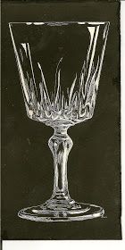 a black and white drawing of a wine goblet on a dark background,