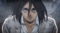 an anime character with black hair and blue eyes looking at the camera while wearing a white shirt