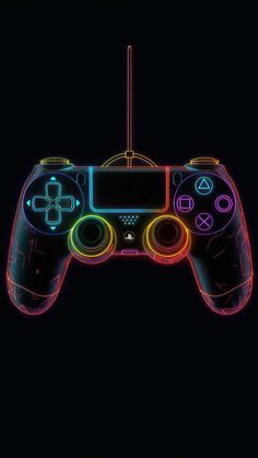 a neon colored video game controller on a black background, with the screen lit up