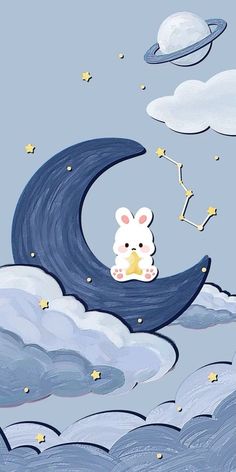 a painting of a bunny sitting on the moon with stars and clouds in the background