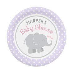 a purple and white paper plate with an elephant on it's side that says harper's baby shower