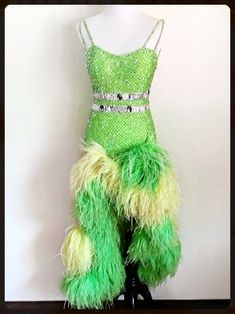 Miami Vibe Green Sequined Dresses For Costume Party, Glamorous Green Dress For Costume Party, Ostrich Feather Skirt, Dress With Fishnets, Ballroom Standard Dress, Ballroom Competition Dress, Ballroom Gowns, Dance Costumes Ballroom, Latin Ballroom Dresses