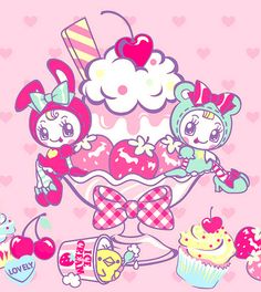 two cartoon characters are sitting in a basket with cupcakes and cherries on it