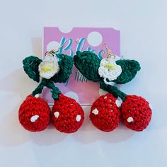 Spotted Crochet Cherries Statement Earrings Listing for 1 pair of earrings Crochet Cherries, Beetlejuice Sandworm, Bat Jewelry, Pride Shoes, Vintage Ootd, Spider Jewelry, Dots Candy, Flora Dress, Retro Purse