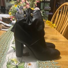 These Boots Are Beautiful. Very Soft Leather. Pull On Booties. A Must Have For Your Shoe Collection. Worn A Handful Of Times. Tory Burch Size 9m Chic Boots With 4-inch Heel And Round Toe, Chic Heeled Boots With Wrapped Heel And Round Toe, Evening Boots With 4-inch Block Heel, Chic Round Toe Heeled Boots With Wrapped Heel, Chic Boots With Wrapped Block Heel, Chic Booties With Round Toe And Medium Width, Chic Leather Booties With Medium Width, Elegant Party Booties, Chic Booties With Padded Heel And Medium Width