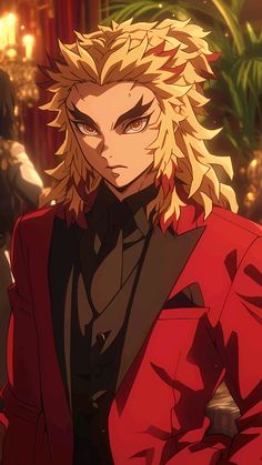 an anime character with blonde hair wearing a red suit and black shirt, looking at the camera