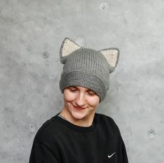 Knit Wolf Beanie Hat Wolf Beanie Hat Wool Hat With Ears | Etsy Knitted Beanie With Cat Ears, Cat Design Beanie Hat, One Size Fits Most, Adjustable Knitted Cat Ears Hats, Novelty Cat Ears Winter Hat, Winter Novelty Cat Ears Hat, Novelty Cat Ears Costume Hats For Winter, Knit Animal Hat, Cat Ears Cap, Wolf Hat