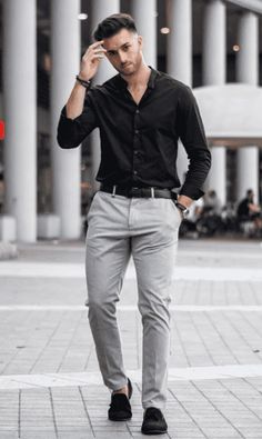 Best Formal Dress Shirts For Men Shirt And Pants Combinations For Men, Black Shirt Combination, Black Shirt Outfit Men, Black Shirt Outfits, Grey Pants Men, Kemeja Lelaki, Mens Business Casual Outfits, Shirt Outfit Men