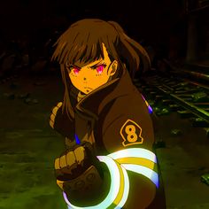 an animated anime character pointing at something in the dark with red eyes and black hair