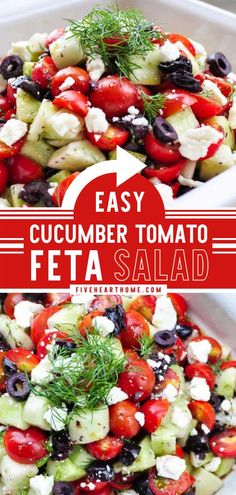 a salad with cucumber, tomato and feta cheese on top in a white bowl