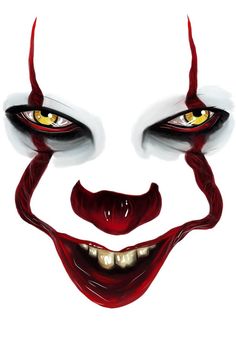 an evil clown's face with yellow eyes