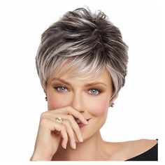 PRICES MAY VARY. 👩【Fashion style】--This short wigs for women style looks great on everyone and features easy-to-wear construction. The short wig's shape is cut perfectly. The texture and shine of the hair is really nice. The short wigs for women is natural looking, you can wear it do anything you want like dating, wedding, working, photo, daily use, party, Halloween, holiday, costume party,carnival even just for fun, shake it and comb it with finger can wear it to go, easily to get compliments from others 👱‍♀️【Fiber blend】--The short wig with bangs are made with a mixture of enhanced with an innovative high heat fiber, which offers the best of both synthetic and human hair worlds! Any style you apply to the hair will hold longer. Constructed of our revolutionary lightweight fiber, which Pinterest Short Hairstyles, Raquel Welch Wigs, Monofilament Wigs, Short Grey Hair, Short Hairstyles For Thick Hair, Short Hair Wigs, Short Layered Haircuts, Pinterest Hair, Short Straight Hair