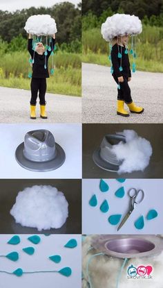 a collage of photos showing how to make a cloud costume